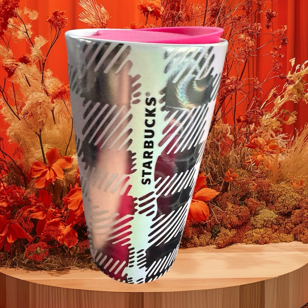 Starbucks 2024 Iridescent Luster Silver Pink Checkered Ceramic Travel Mug